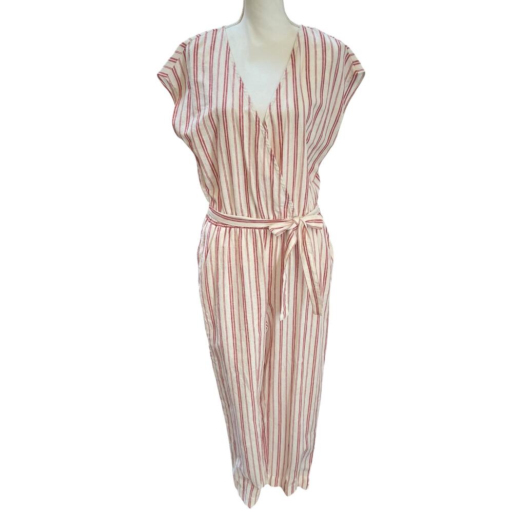 Abercrombie & Fitch Linen Blend Jumpsuit Women’s L Striped Wrap Belt EUC